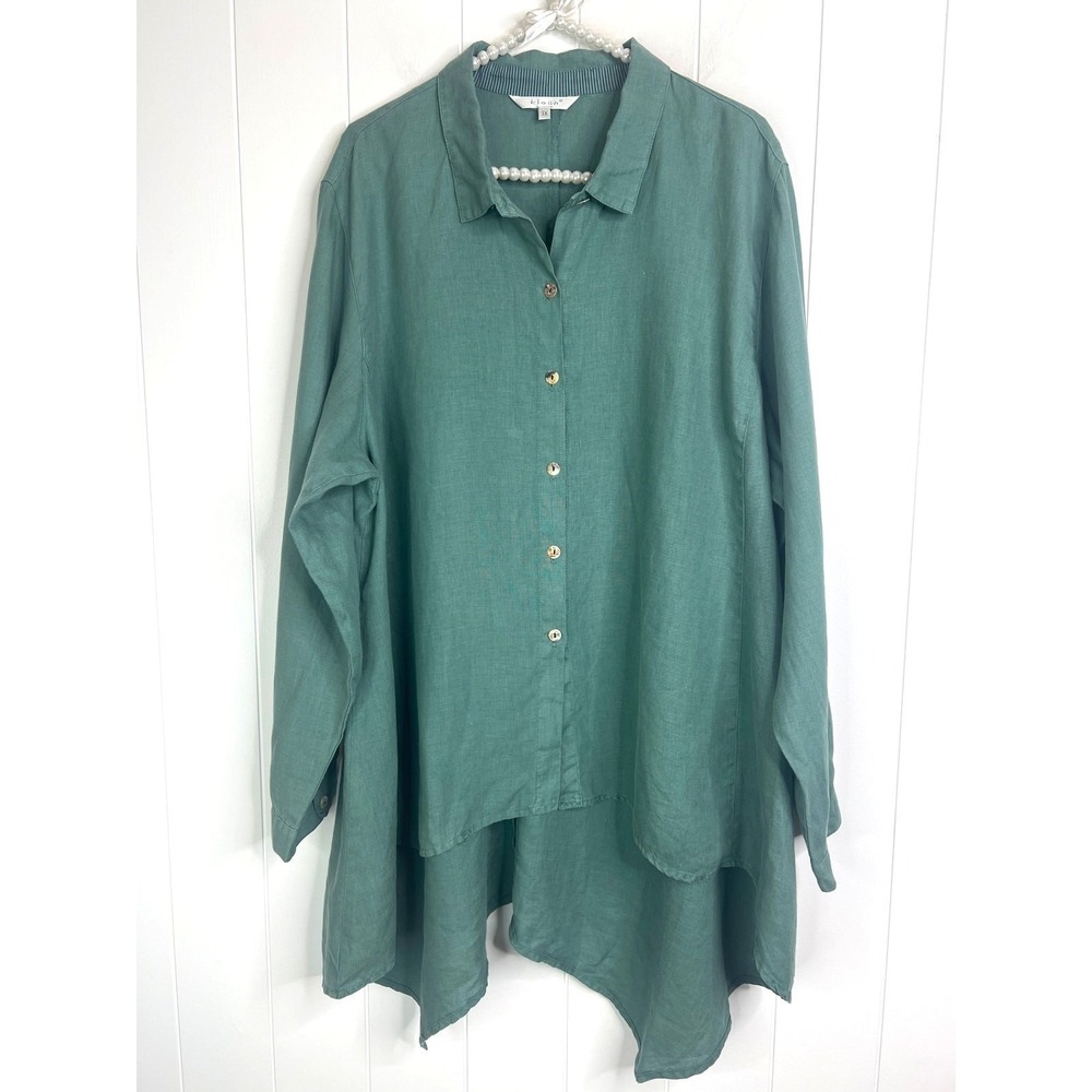 Kleen 100% Linen Asymmetrical Hem Buttondown Long Sleeve Blouse Size 1X